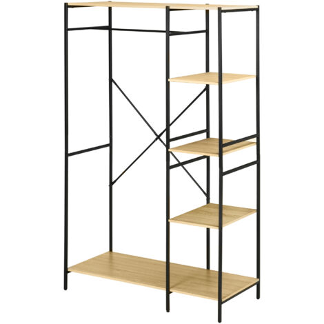 Penderie portant à vêtements style industriel en métal avec tringle et 4 étagères - dim. 100L x 46L x 170,5H cm