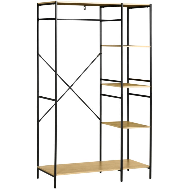 Penderie portant à vêtements style industriel en métal avec tringle et 4 étagères - dim. 100L x 46L x 170,5H cm - métal aspect chêne clair