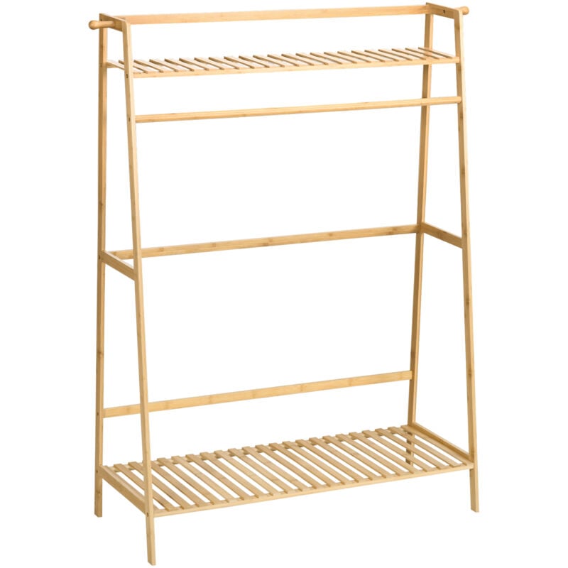 Portant à vêtements penderie - 2 étagères, 2 patères, barre de suspension - bambou verni