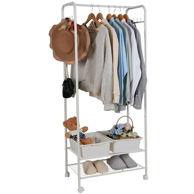 Penderie sur Roulette Metal pour Vêtement Armoire avec Etagere - Blanc