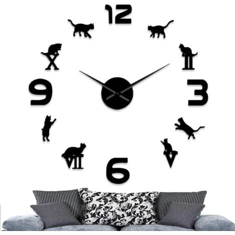 Pendule Moderne Grande, Horloge Murale DIY, Créatif 3D Miroir Autocollant, (Batterie Non Inclus) –Noir