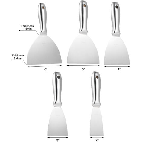 PENGGONG Ensemble de 5 couteaux à mastic 2/3/4/5/6 pouces pour grattoir à peinture, outil en acier inoxydable poli de qualité supérieure, parfait pour réparer les cloisons sèches, enlever le papier pe