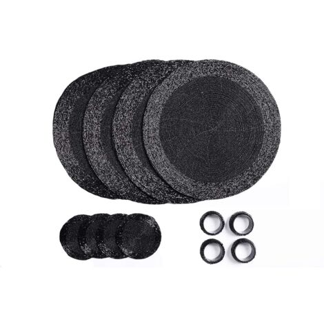 Penguin Home® - Set di 12 tovagliette, sottobicchieri e portatovaglioli con perline di vetro, colore nero, tovagliette rotonde, realizzate a mano da abili artigiani indiani, diametro 32 cm