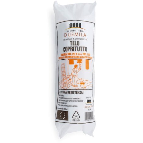 PENNELLIFICIO 2000  Bobina Telo Copritutto in Polietilene ad Alta Densità, Telo Protettivo, Antigoccia, Protegge da Macchie di Pittura, Copertura Macchina, 4x25 M, 100 MQ, 670 gr – Made in Italy