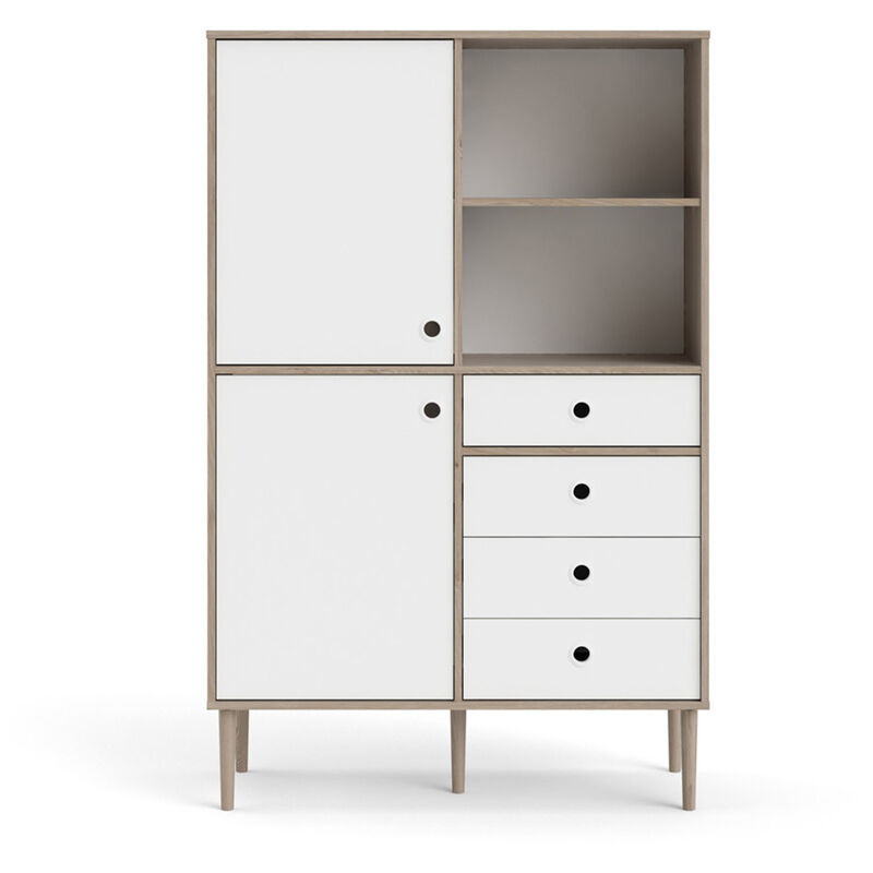 Penny Étagère, 2 portes, 4 tiroirs et 2 compartiments, imitation chêne Hickory, blanc mat.