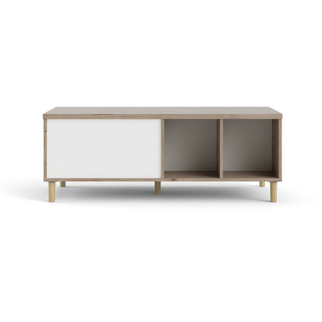 Penny Table basse avec dessus extensible et 2 espaces de rangement, teinte Hickory et blanc mat.