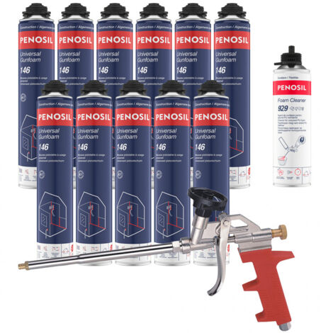 Penosil – Pack de 11 mousses polyuréthanes 690ml pistolables – Nettoyant mousse 500ml – Pistolet manuel – Pour isolation thermique et acoustique