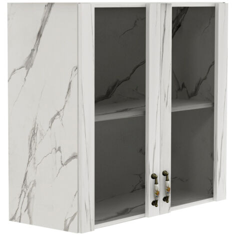 Pensile da Cucina Armadio Sospeso con Vetro da Parete Bianco Effetto Marmo