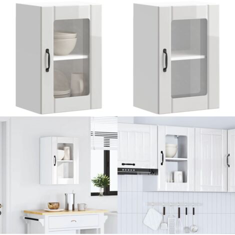 Pensile da Cucina con Porta in Vetro Lucca Bianco Lucido - Armadio da cucina - Armadio a parete
