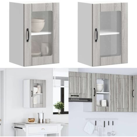 Pensile da Cucina con Porta in Vetro Lucca Grigio Sonoma - Armadietto da cucina - Armadietto a parete