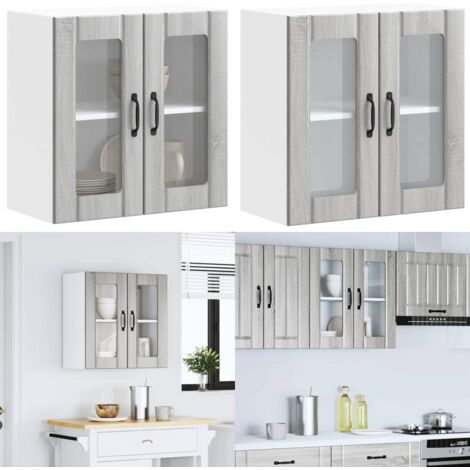 Pensile da Cucina con Porta in Vetro Lucca Grigio Sonoma - Armadio da parete - Armadietto da cucina