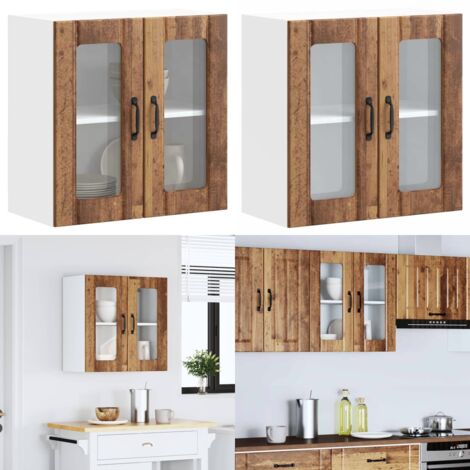 Pensile da Cucina con Porta in Vetro Lucca Legno Vecchio - Armadio da parete - Armadietto da cucina