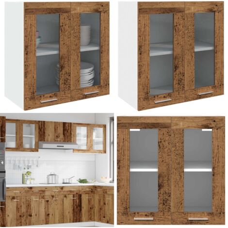 Pensile da Cucina “Lyon” con Anta in Vetro Legno Antico - Armadio da parete cucina - Armadio da cucina in vetro e legno