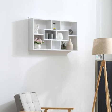 Pensile Libreria da Parete Sospesa 8 Vani in 3 Diverse Dimensioni, Mensola da Muro Design Antiribaltamento Pannelli di Truciolare Bianco 85x14.5x47.5cm Capacità: 20kg