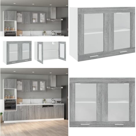 Pensile “Lyon” Grigio Sonoma 80x31x60 cm Vetro e - Armadio da cucina - Armadietto a parete
