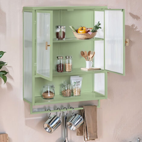 Pensile moderno a due ante con ante in vetro da 60 cm con due ripiani chiusi, un ripiano aperto e portasciugamani, per ingresso, soggiorno, bagno, sala da pranzo, verde