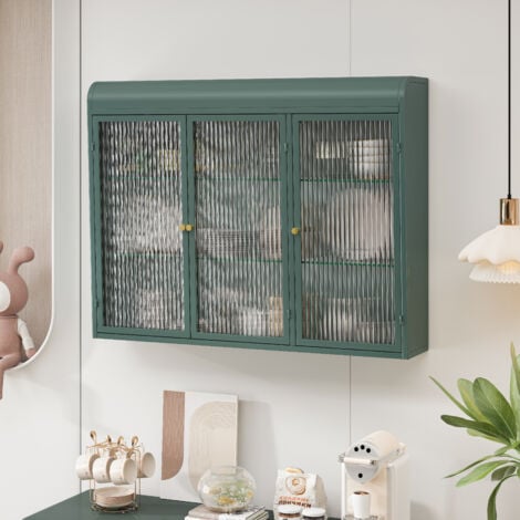 Pensili ad arco in vetro a 3 ante per cucina, soggiorno e bagno (Verde scuro)