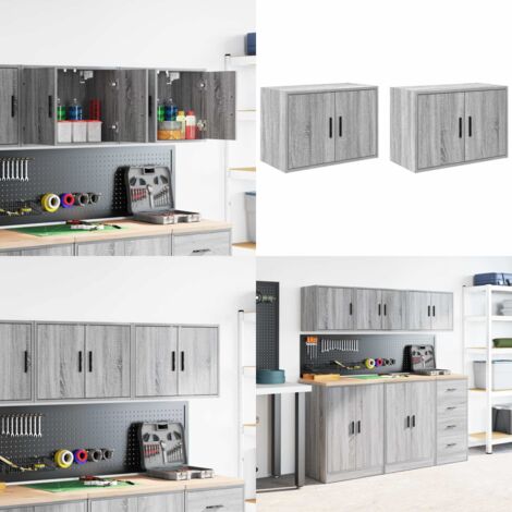 Pensili per Garage 2 pz Grigio Sonoma in Legno Multistrato - Armadietto per garage - Archiviazione strumenti