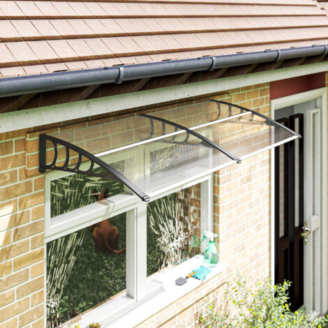 Pensilina Tettoia da Esterno 200x96cm, Tettoia per Esterno in Policarbonato e Alluminio, per Balcone Finestre e Porte, Nero e Trasparente