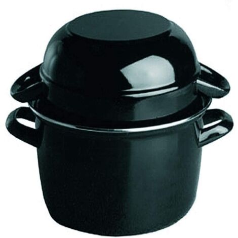 Pentola per cozze APS, pentola per servire cozze da 1,5 kg, pentola per frutti di mare, pentola per servire cozze, pentola per cozze in acciaio smaltato nero, capacità: 3,3 litri, coperchio: 1,6 litri