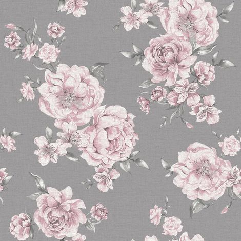 Peony Pink Dark Grey Floral Wallpaper Roses Leaf Flowers Painterly Holden Decor