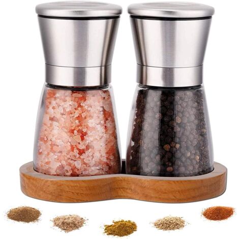 Pepper and Salt Grinder Set, Stainless Steel Spice Mill, 2 Manual Adjustable Ceramic Grinder with Glass Body, Refillable Spices, for Kitchen
