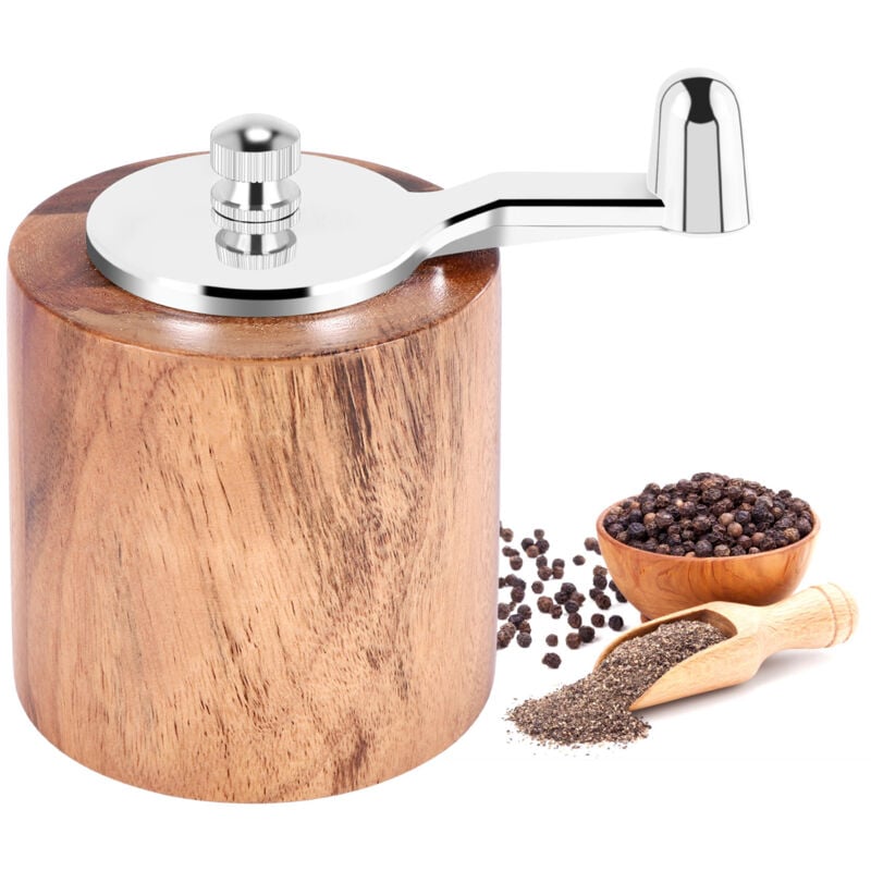 Pepper Mill, Hand Crank Wood Grinder with Classic Handle and Adjustable Ceramic Rotor