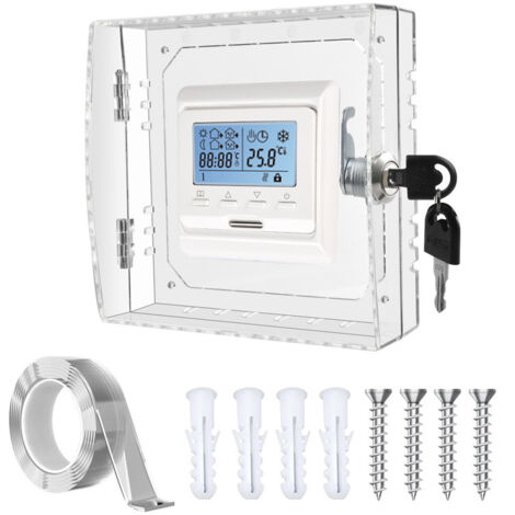 Pequeña caja de seguridad transparente para termostatos, con cerradura de combinación y tapa protectora perforada.