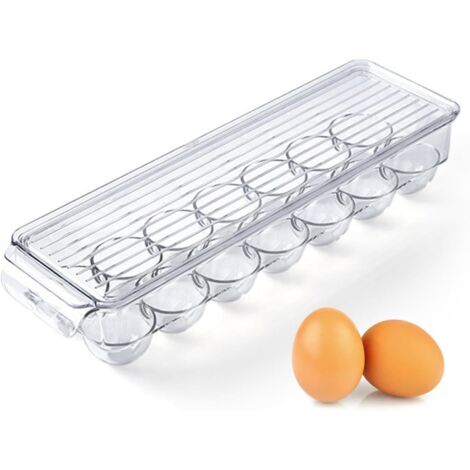 Per conservare le uova nel frigorifero, contenitore per uova con 14 scomparti, dispenser per uova in plastica con coperchio, portauova trasparente impilabile per frigorifero, 37 x 11 x 7,5 cm