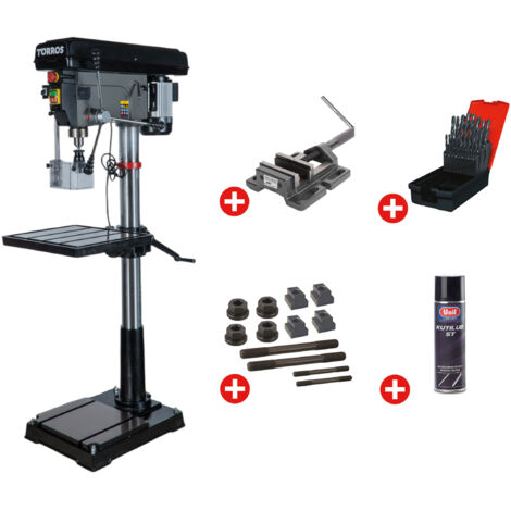 Perceuse à colonne professionnelle jusque ø 32 mm CM4 1,5 kW 400V + étau de perçage jeu de boulons jeu mêches aérosol Torros DF34T PACK