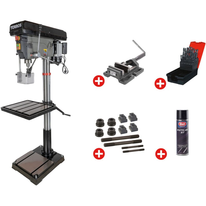 Torros - Perceuse à colonne professionnelle jusque ø 30 mm CM3 1,5 kW 230V + étau de perçage jeu de boulons jeu mêches aérosol DF30M pack