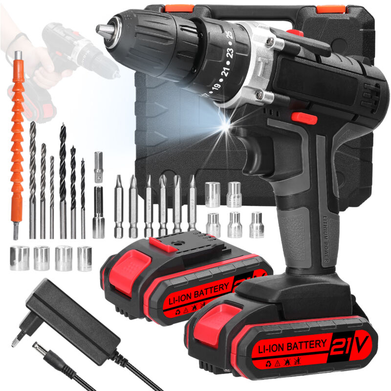 Perceuse à main électrique 21 v avec jeu d'embouts, tournevis électrique, perceuse à percussion 3 en 1, perceuse plate, perceuse dynamométrique,