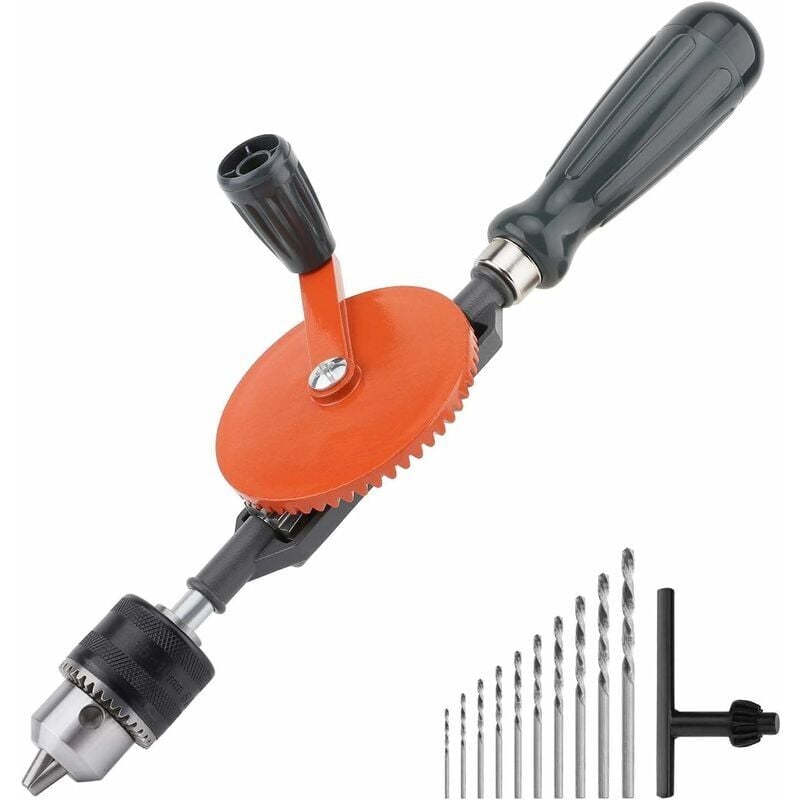 Perceuse à Main, Perceuse Manuelle à Double Pignons en Acier Moulé de 3/8 Pouces (1.5-10mm) pour Perceuse Manuelle en Plastique et en Bois, Orange