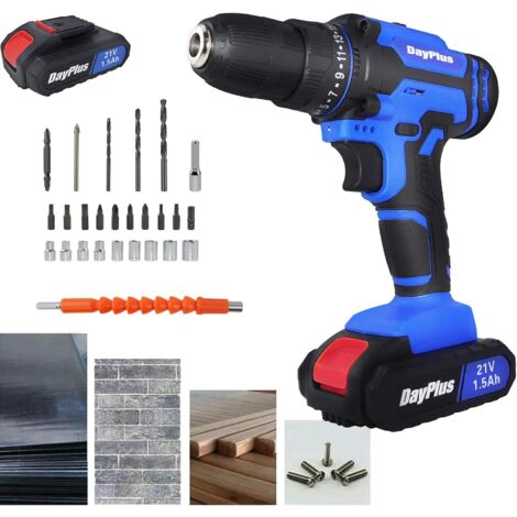 Perceuse à main sans fil alimentée par batterie, perceuse combinée 21 V pour percer du métal/mur/bois, 1500 mAh, 45 Nm, réglage de couple 25 + 1, 2 vitesses, lumière LED