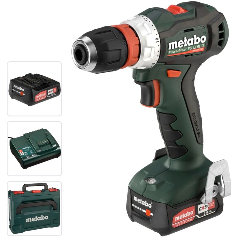 Perceuse à percussion METABO - powermaxx bs12 bl -12V 2X2AH LI-POWER - CHARGEUR SC 30 - METABOX 118 - 601046500