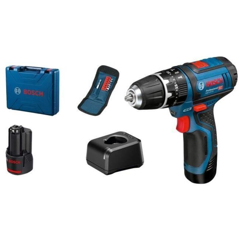 Perceuse-visseuse a percussion Bosch professional gsb 12V-15 + 10accessoires (+2batteries 2,0Ah)