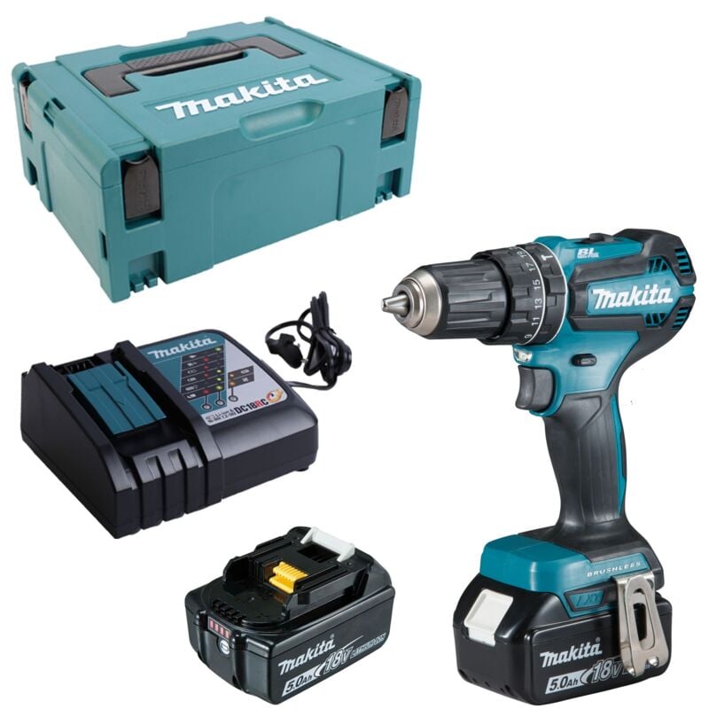 Perceuse à percussion Brushless 18V Makita 2 batteries Li-Ion 5Ah + chargeur + coffret Makpac - DHP485RTJ