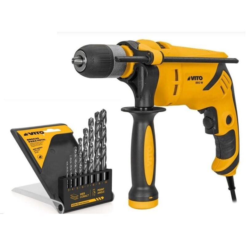 Perceuse à percussion 850W + Forets Acier 8 pièces Mandrin 13mm Autoserrant Vito