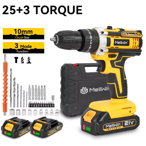 Perceuse à percussion sans fil 18V 25+3 réglages de couple – kit perceuse-visseuse multifonction compatible Makita avec 34 accessoires