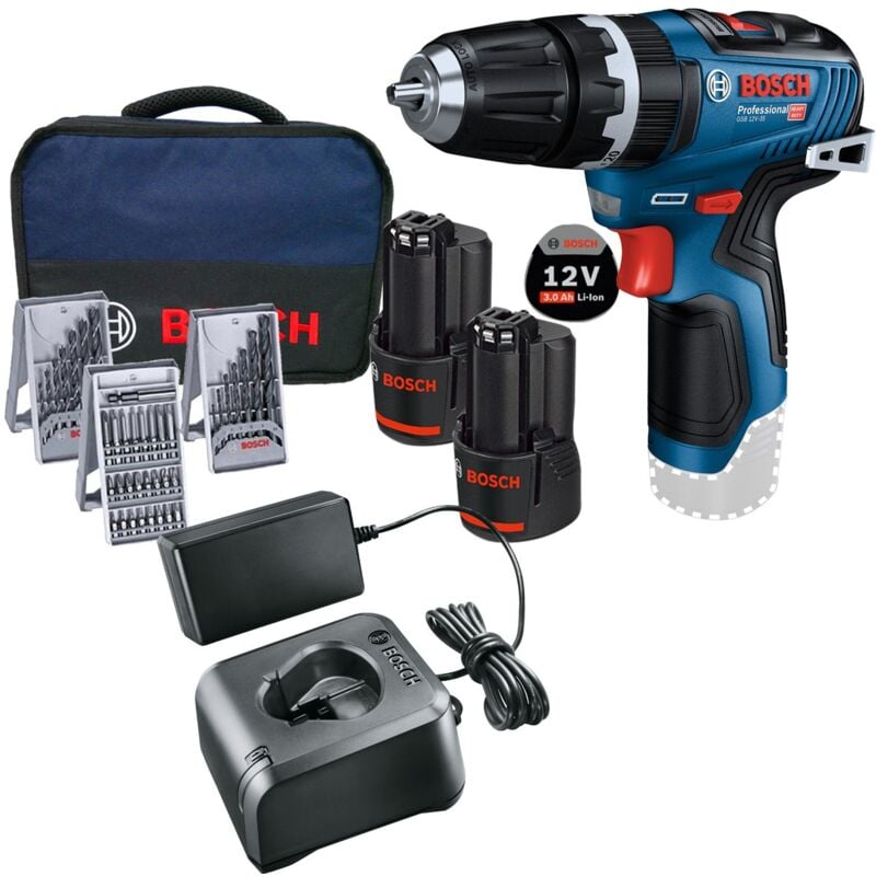 Perceuse à percussion sans fil gsb 12V-35 Bosch 2x batterie 3,0 Ah + chargeur, y compris kit d'accessoires dans un sac souple