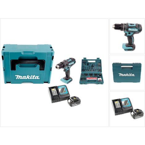 Perceuse à percussion sans fil Makita DHP 482 RF1J 18 V 62 Nm dans un coffret Makpac + batterie 3,0 Ah + chargeur + jeu d'embouts et de forets 100 pièces