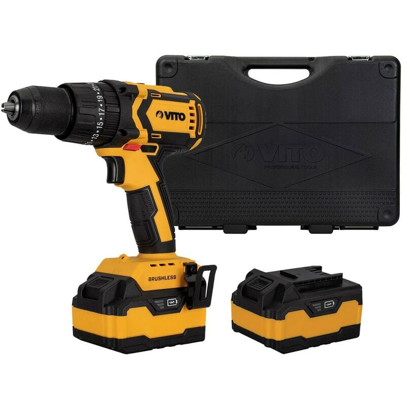 Perceuse Brushless sans fil 20V + 2 Batteries Lithium 4Ah Chargeur rapide Coffret accessoires Vito