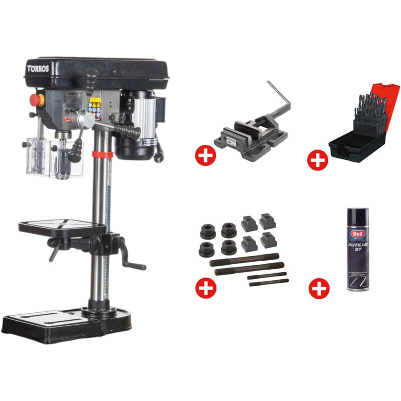 Torros - Perceuse d'établi jusque ø 16 mm raccord CM2 400W 230V 5 vitesses + étau de perçage jeu de boulons jeu mêches aérosol DT16M pack