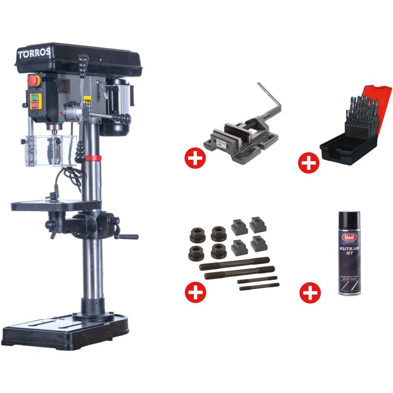 Torros - Perceuse d'établi professionnelle jusque ø 20 mm CM2 600W 230V + étau de perçage jeu de boulons jeu mêches aérosol DT20M pack