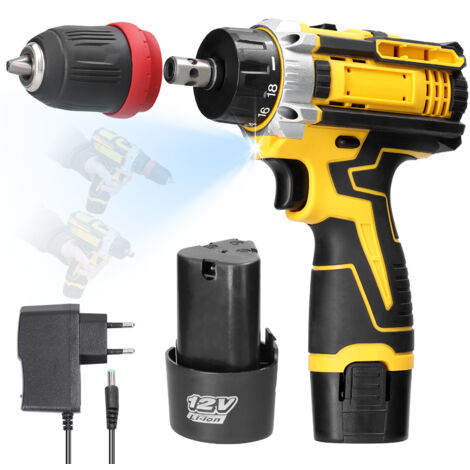 Perceuse électrique 12V 2 en 1, tournevis multifonctionnel, perceuse électrique sans fil au lithium, tournevis portatif au lithium avec moteur de brosse,Multicolore, 2 piles, prise UE