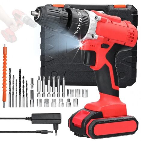 Perceuse électrique 21V 3-en-1 - Kit perceuse à percussion, visseuse sans fil, 25 couples + 2 vitesses, 1300 mAh