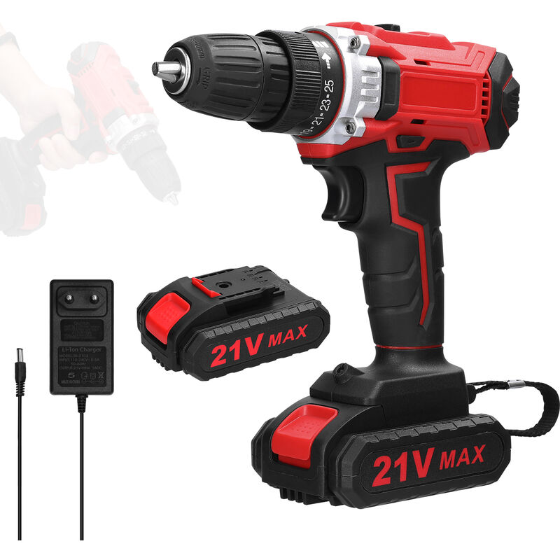 Perceuse électrique multifonctionnelle domestique 21 v, contrôle à 2 vitesses, régulation de vitesse en continu, modes de rotation, réglage 25