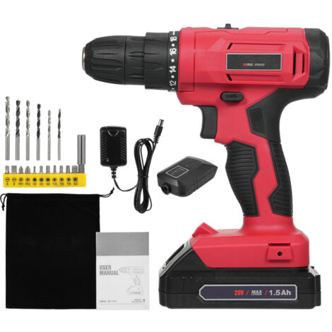 Perceuse électrique sans fil 20 V, moteur à balais, batterie lithium portable, 2 vitesses, 18+1 niveaux de couple réglables, rotation avant et arrière.
