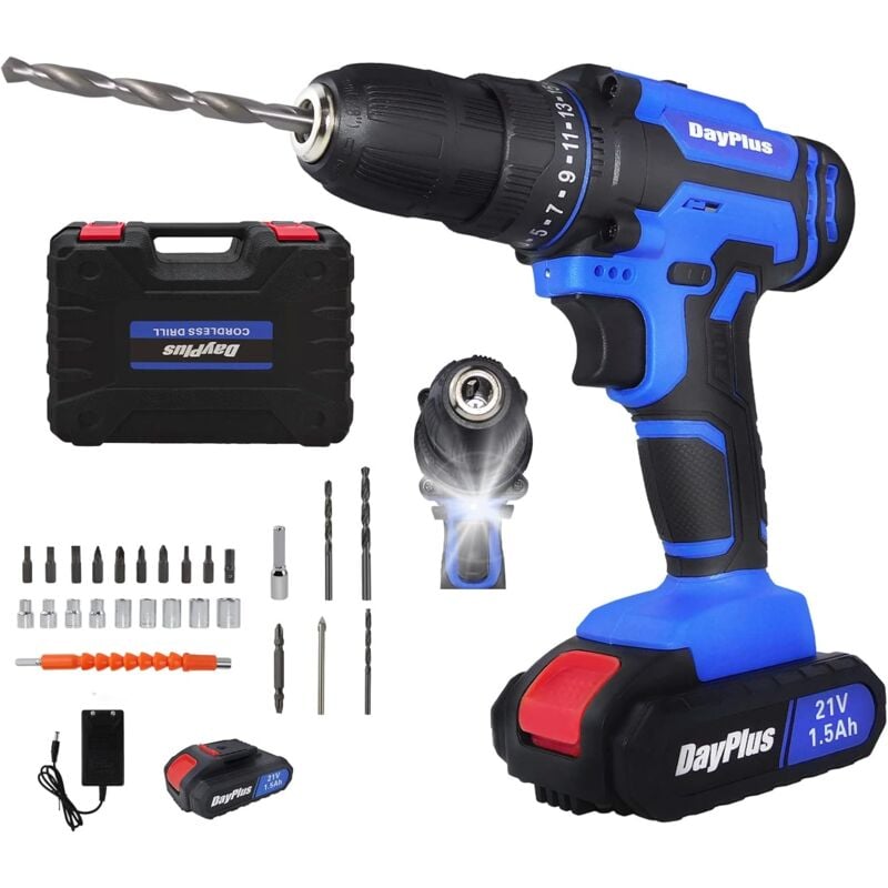Lucn - Perceuse Électrique Sans Fil Perceuse 21 volts, pilote avec jeu de Bits, mandrin sans clé de 3/8 pouces, réglage du couple 25+1, 2 vitesses,
