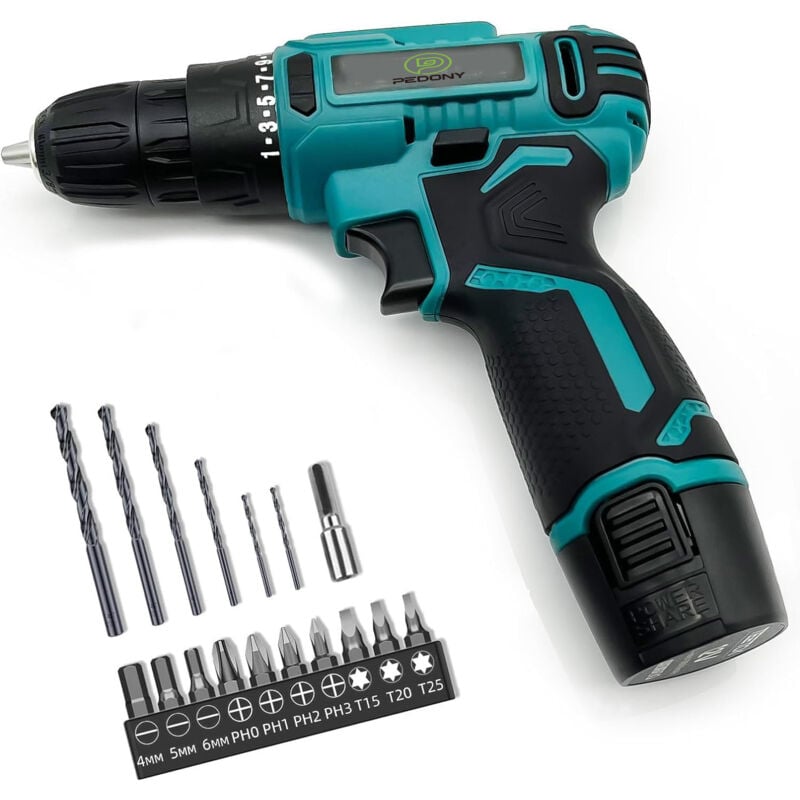 Perceuse, ensemble de perceuse sans fil 12 v , batterie 1500 Ah, 50 Nm, 25 + 1 étapes de couple, mandrin de perceuse 10 mm, 2 vitesses, lumière led,